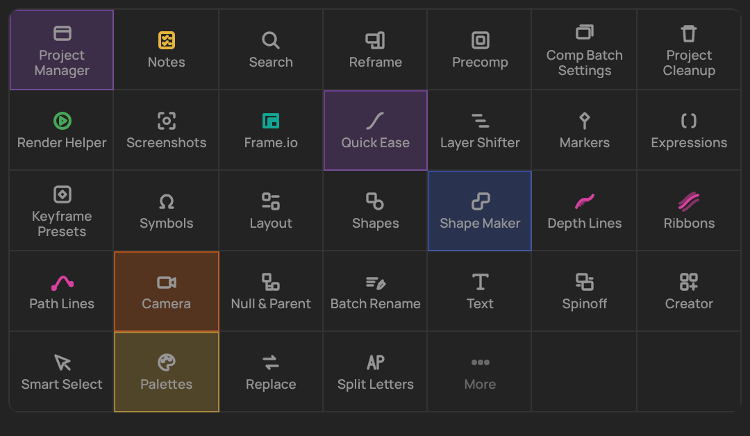 The JL Tools toolbar docked in After Effects: every tool in a grid, some colored on the button and some on the icon